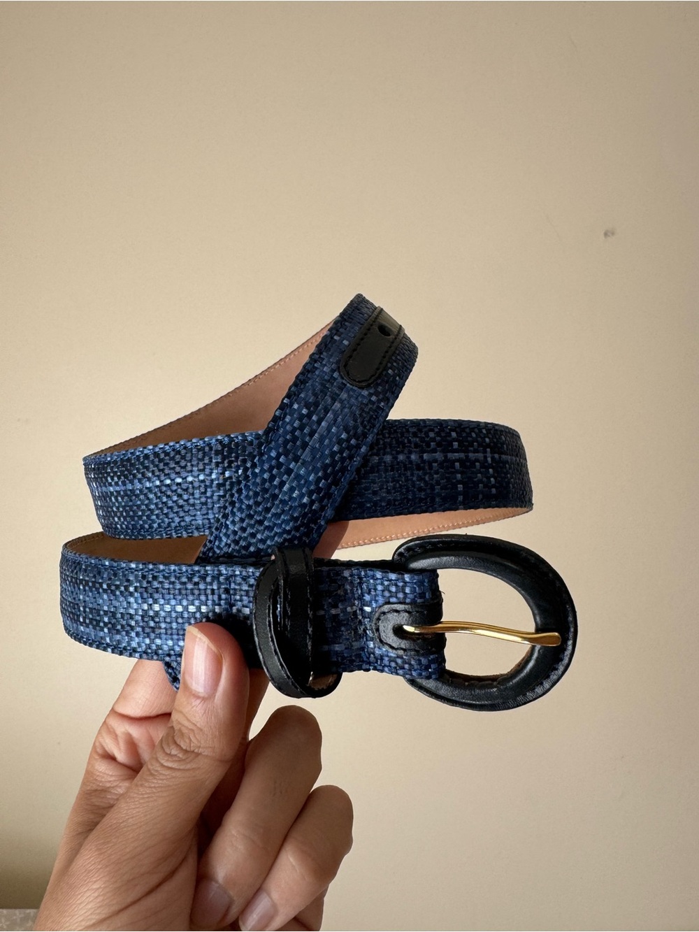 Talbots Leather Belt with Blue Plaid Woven Accents | ~32 inches